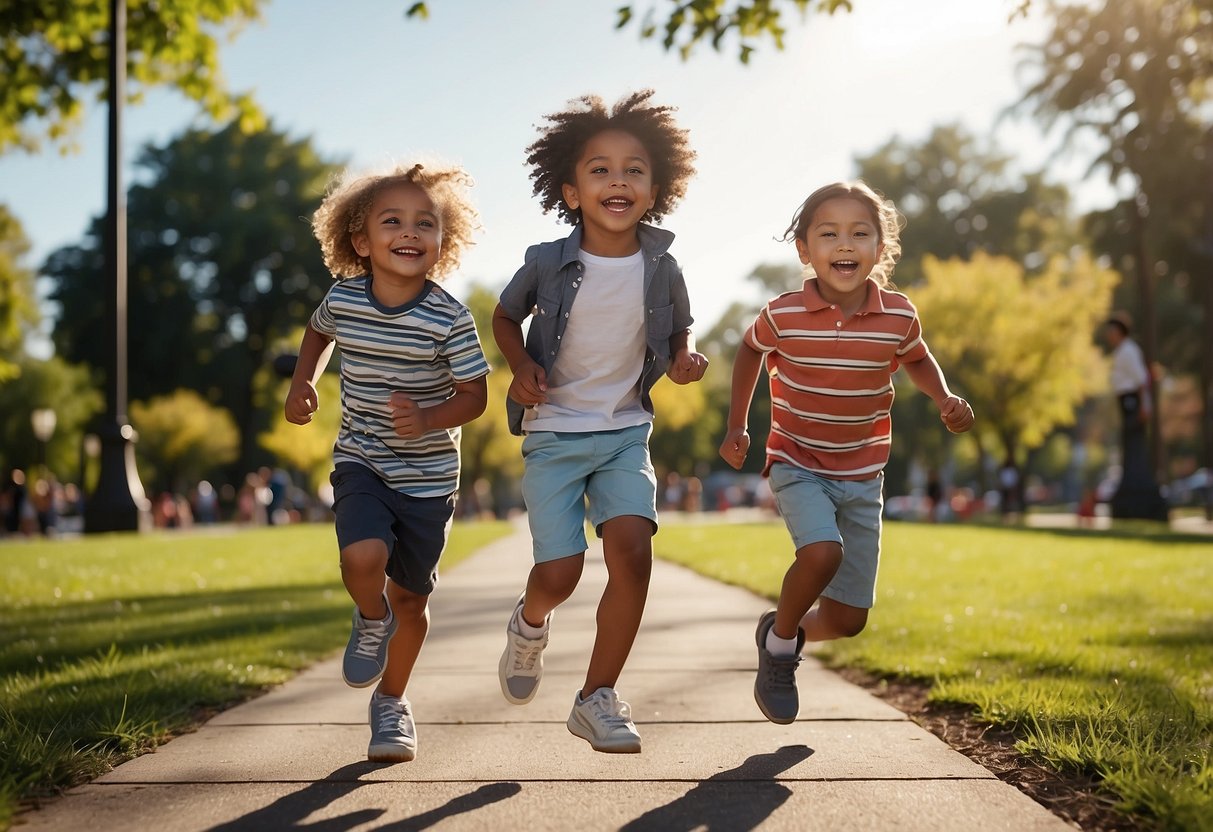 Children playing in a park, running, jumping, and laughing. Bright, colorful surroundings with natural light. Capture their energy and joy in motion