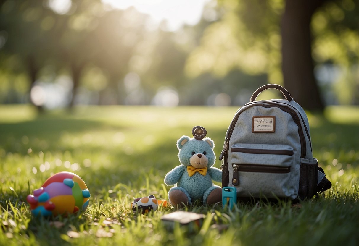 A child's backpack, camera, and a playful toy scattered on the grass in a sunny park. A parent's hand adjusting camera settings