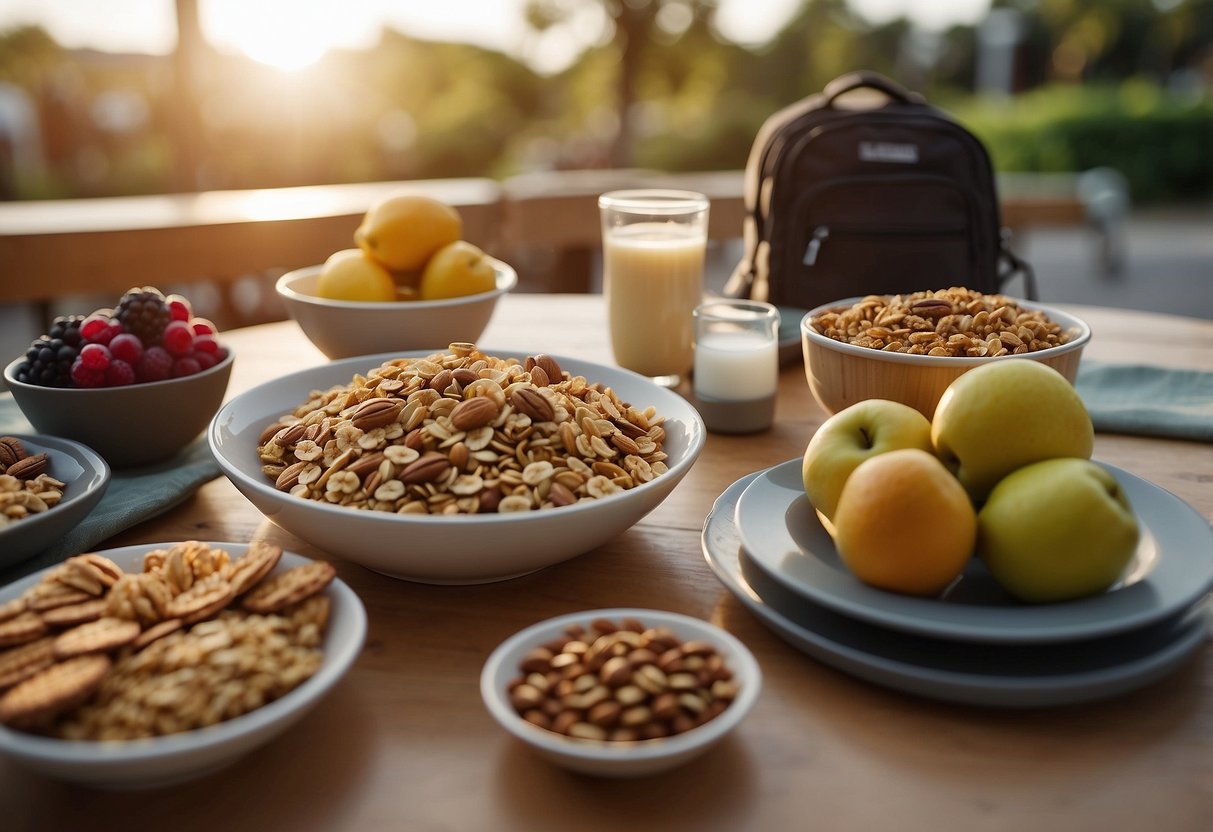 A table with 5 colorful, neatly arranged lightweight food options, such as fruits, nuts, and granola bars. A camera and backpack are nearby