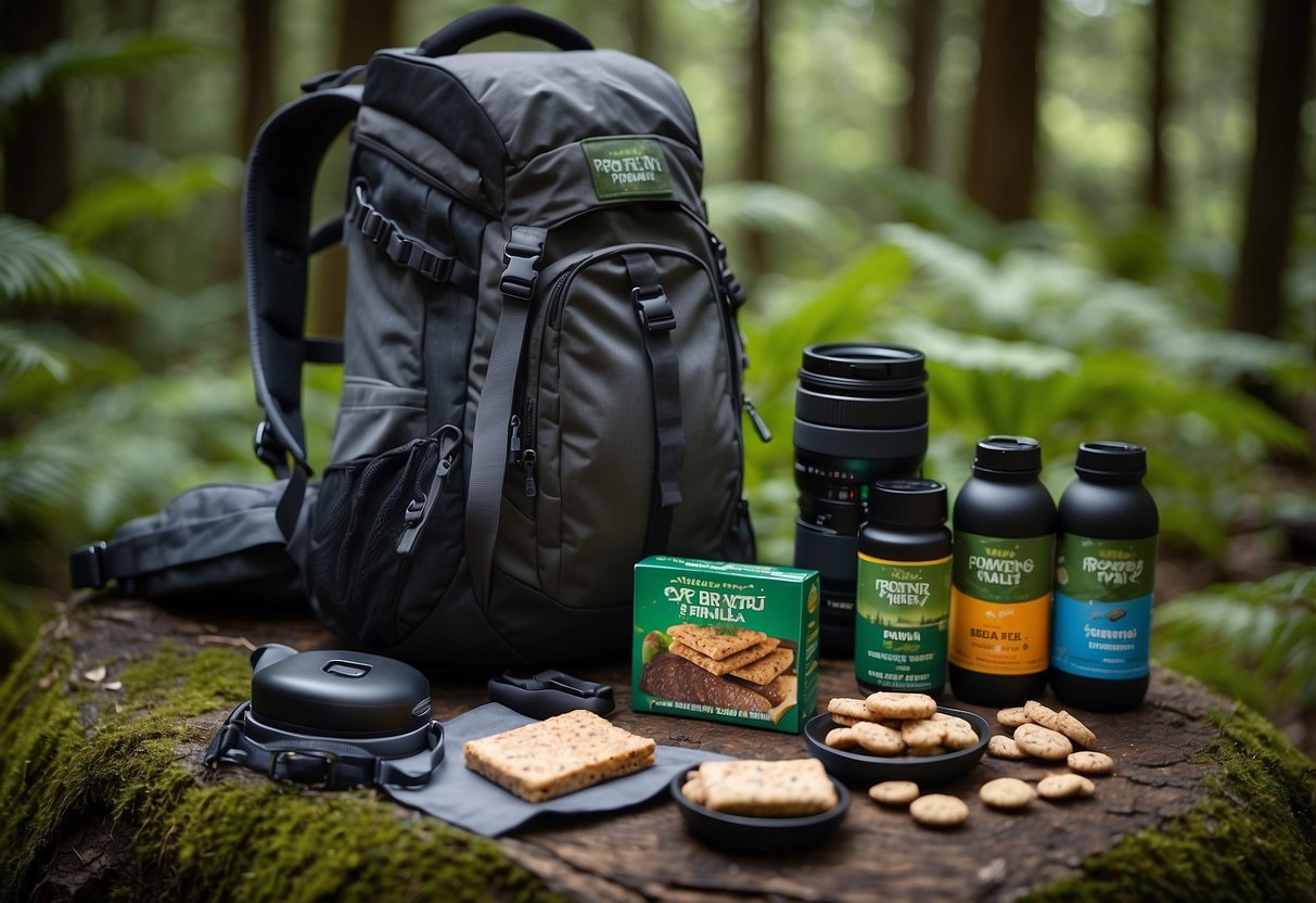 A backpack open with Nature Valley Protein Bars, camera gear, and a map laid out on a rock in a lush forest setting