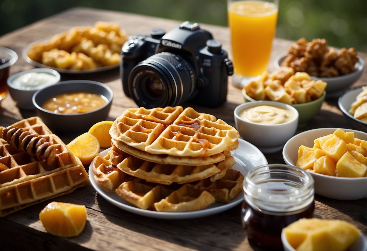 A table with a variety of Honey Stinger Waffles and other lightweight food options, surrounded by camera gear and outdoor photography equipment