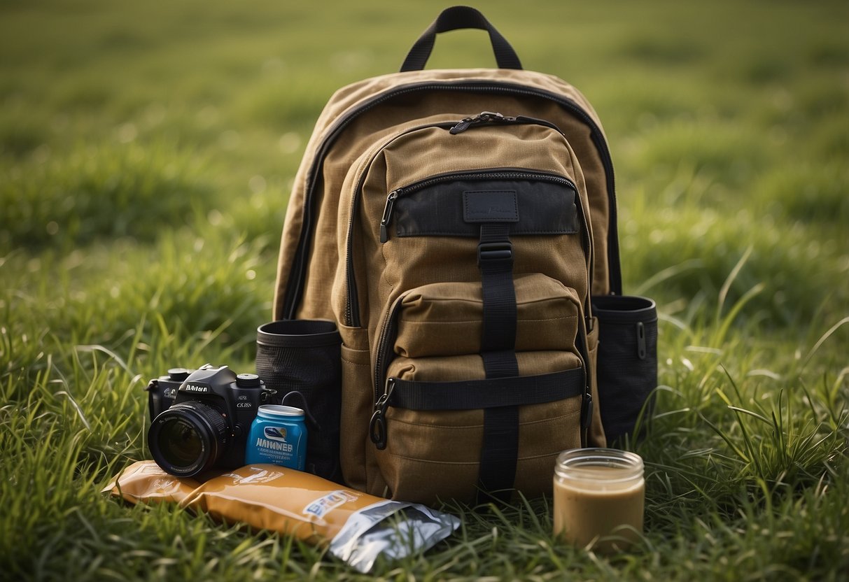 A backpack open on a grassy field, with Justin's Peanut Butter Squeeze Packs, a water bottle, and a camera