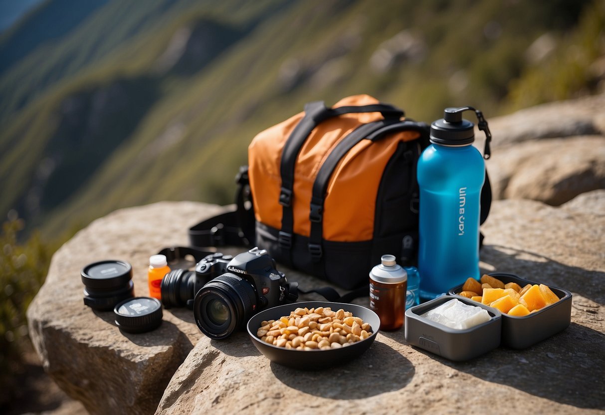 A camera bag open on a rock, with CLIF SHOT Energy Gels, a water bottle, and lightweight snacks spilling out, surrounded by photography equipment