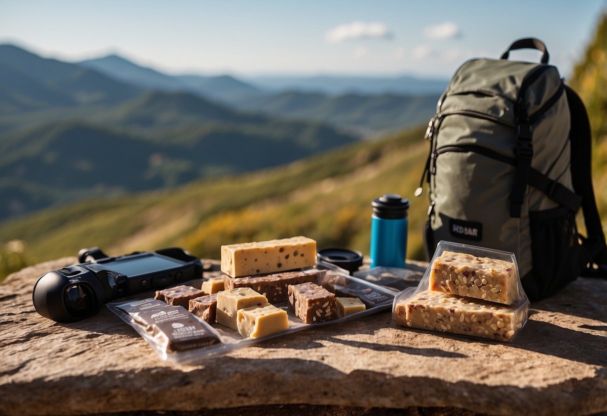 A table with a variety of RXBAR protein bars arranged next to a camera, backpack, and map. Outdoor scenery in the background