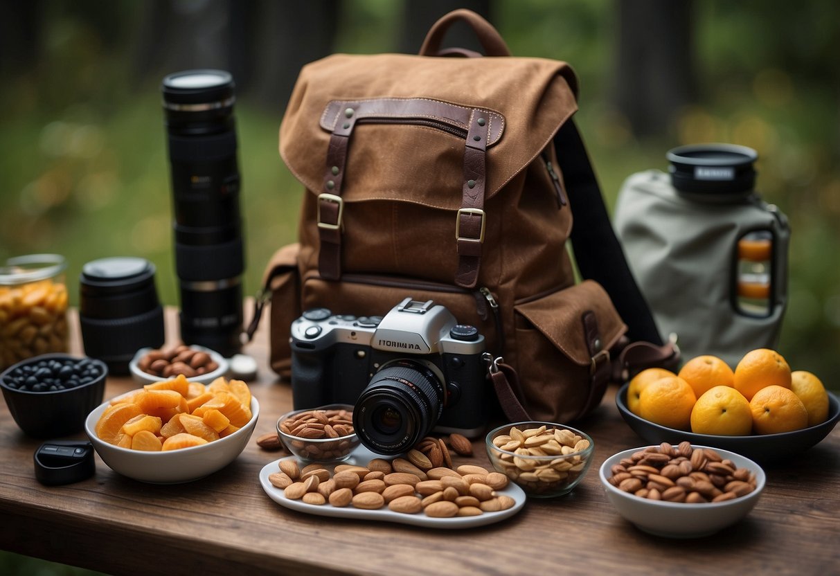 A backpack with lightweight food options: nuts, dried fruits, energy bars, jerky, and trail mix. A camera and tripod sit nearby