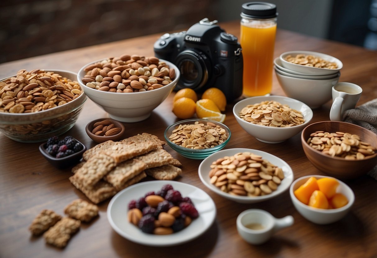 A table with an assortment of lightweight food options, such as nuts, granola bars, dried fruits, and energy gels, laid out next to a camera and backpack