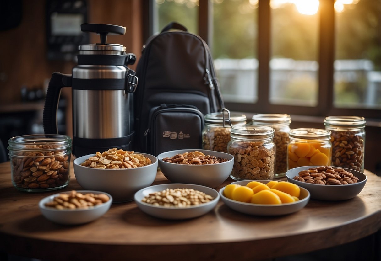 A backpack filled with dehydrated fruits, nuts, and granola bars. A compact stove and lightweight cookware. Airtight containers for storing dried meats and cheeses. A camera and tripod ready for photography