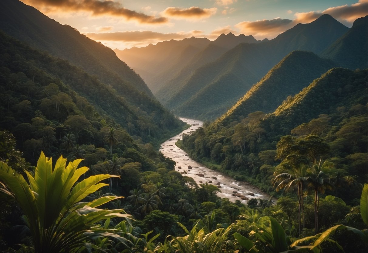 Lush rainforest with winding river, vibrant flora, and diverse wildlife. Majestic Andes mountains in the background. Sunrise or sunset lighting