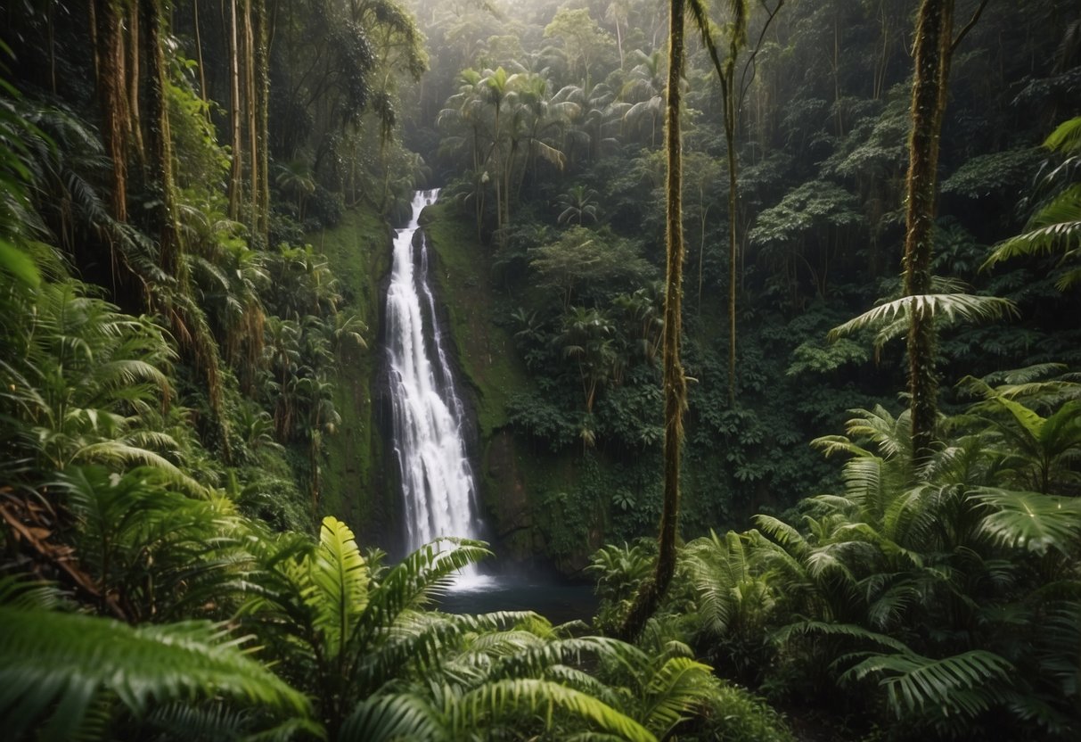 Lush rainforest with winding trails, waterfalls, and diverse wildlife. Camera, lenses, and tripod set up amidst vibrant flora and fauna