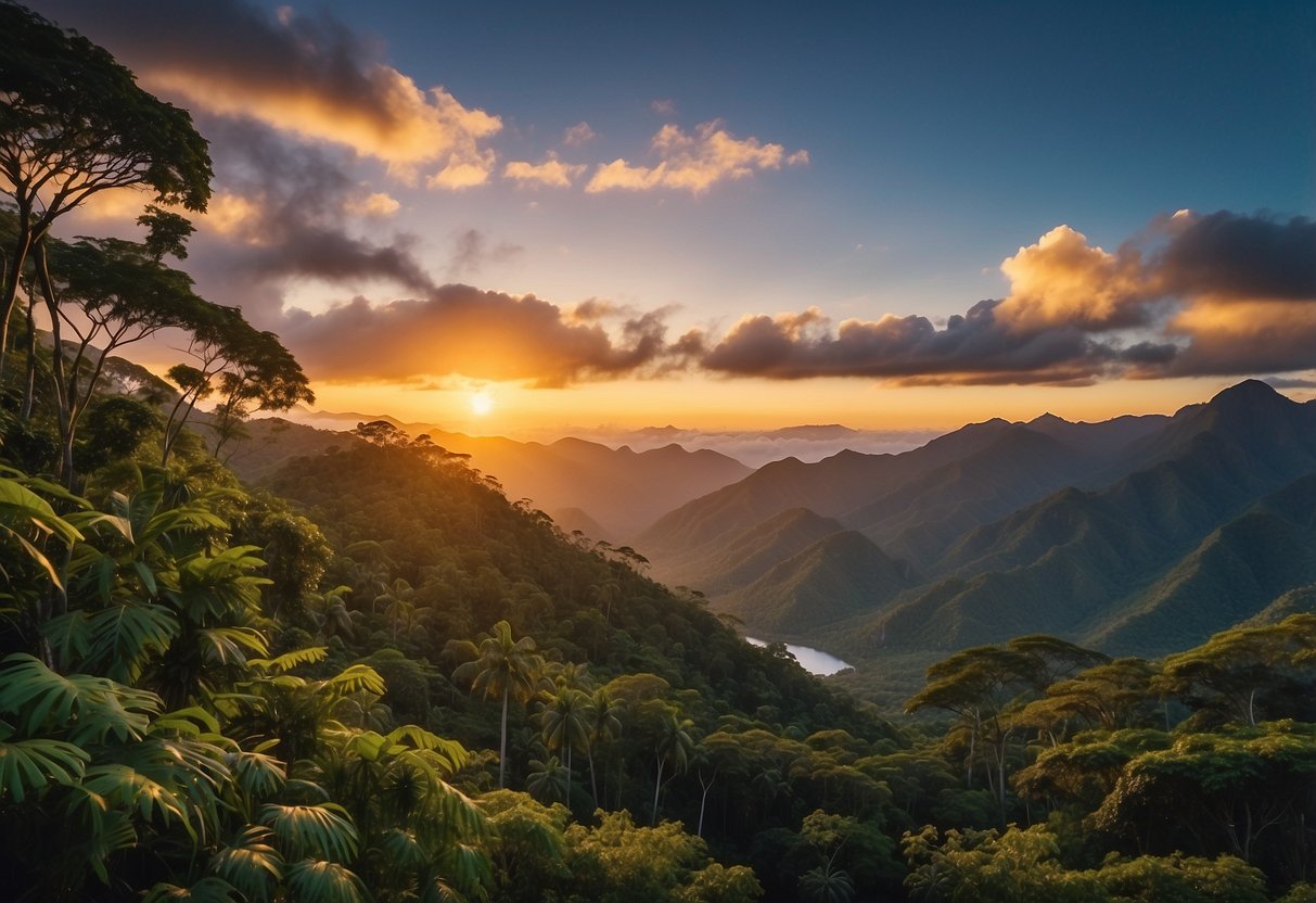 Lush rainforest with vibrant wildlife, cascading waterfalls, and dramatic mountain ranges under a colorful sunset in South America