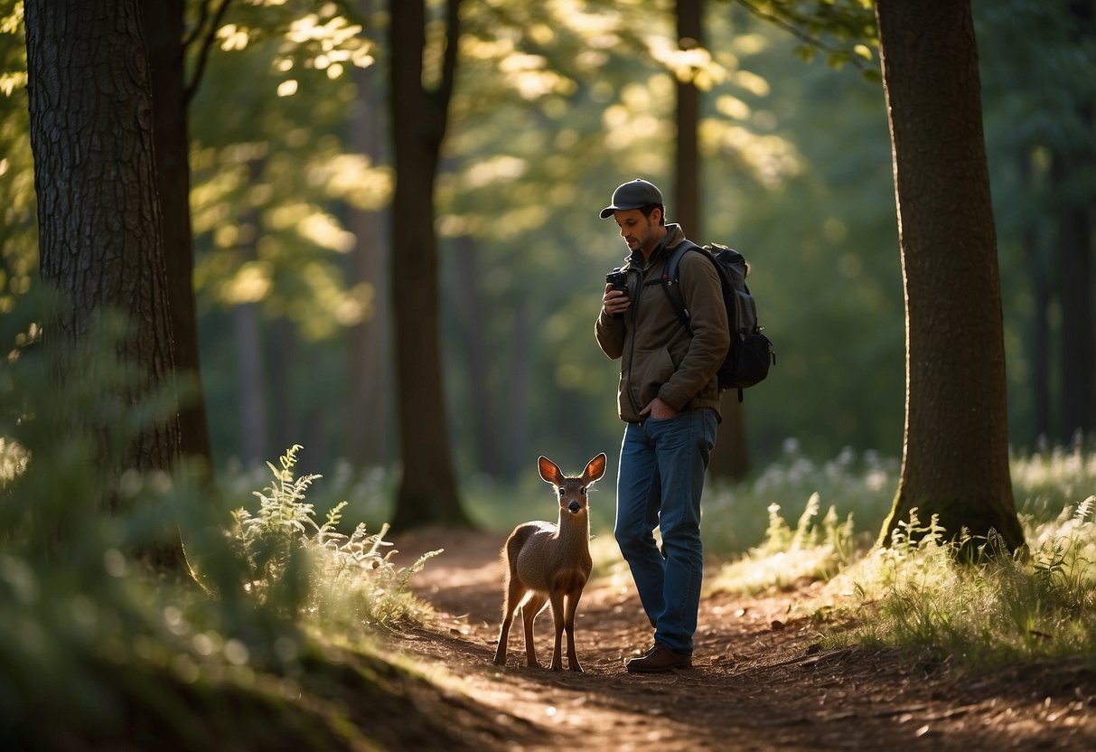 A photographer stands quietly, camera in hand, as a deer cautiously approaches. Birds flit around, and a squirrel scampers up a nearby tree. The setting is a peaceful forest clearing, with dappled sunlight filtering through the trees