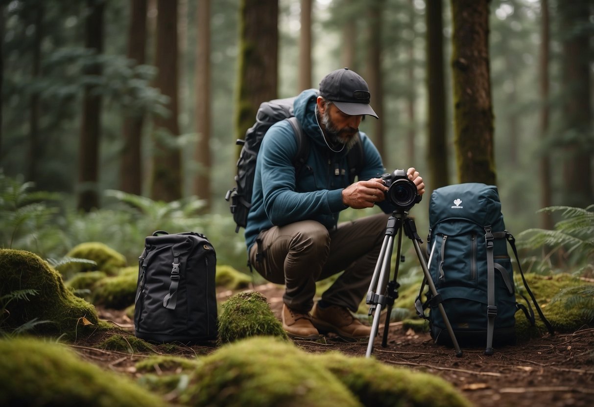 A photographer sets up a camera on a tripod in a forest clearing. Nearby, a backpack is open, revealing safety equipment like bear spray and a first aid kit. Bird feeders and a wildlife guidebook are also visible