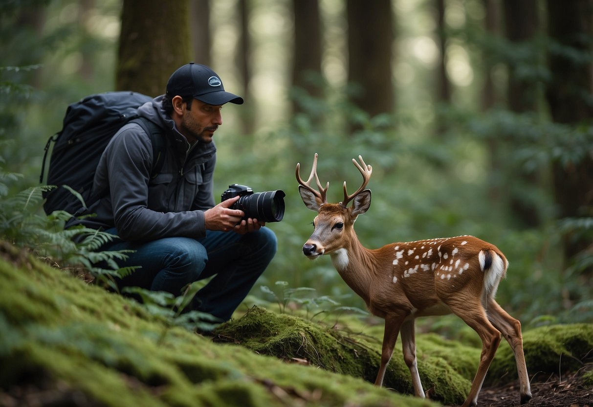 A wildlife photographer crouches in the forest, camera in hand. A deer grazes peacefully nearby, undisturbed by the photographer's quiet presence. The photographer avoids using flash, respecting the natural environment