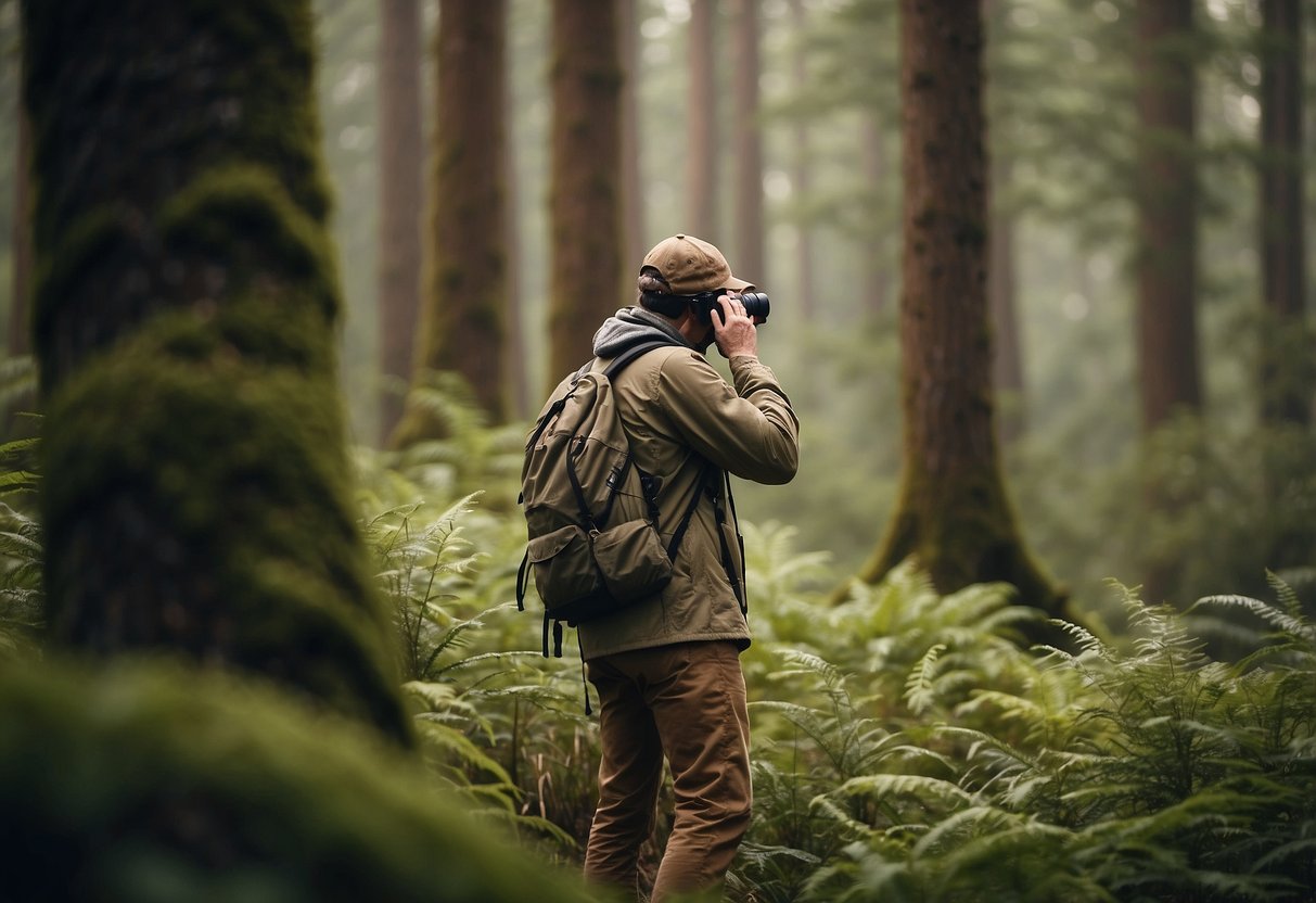 A photographer in a forest, wearing neutral colors, with a camera and binoculars, observing wildlife from a safe distance