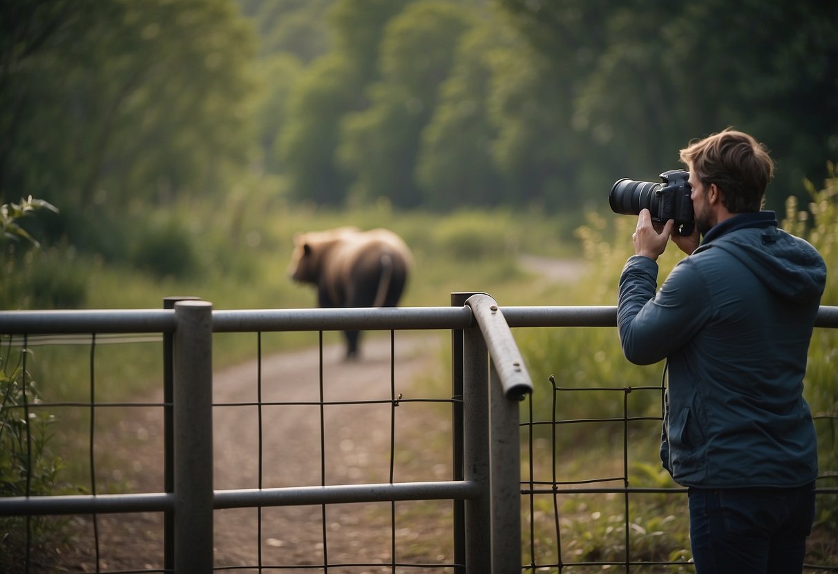 A photographer stands behind a safety barrier, camera in hand, while observing a wild animal from a safe distance. Signs warn of potential wildlife encounters