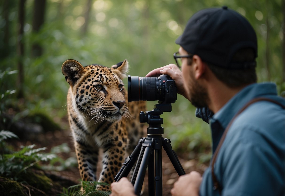 A photographer quietly observes a wild animal from a distance, respecting its natural behavior. The camera is held steady, capturing the animal in its natural habitat without causing any disturbance