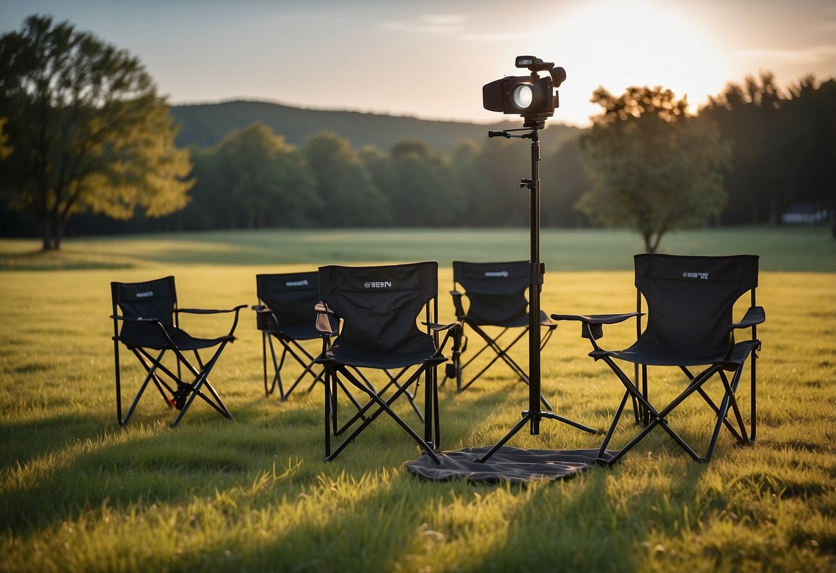 Five lightweight photography chairs arranged in a circle on a grassy field, with a camera and tripod set up in the center