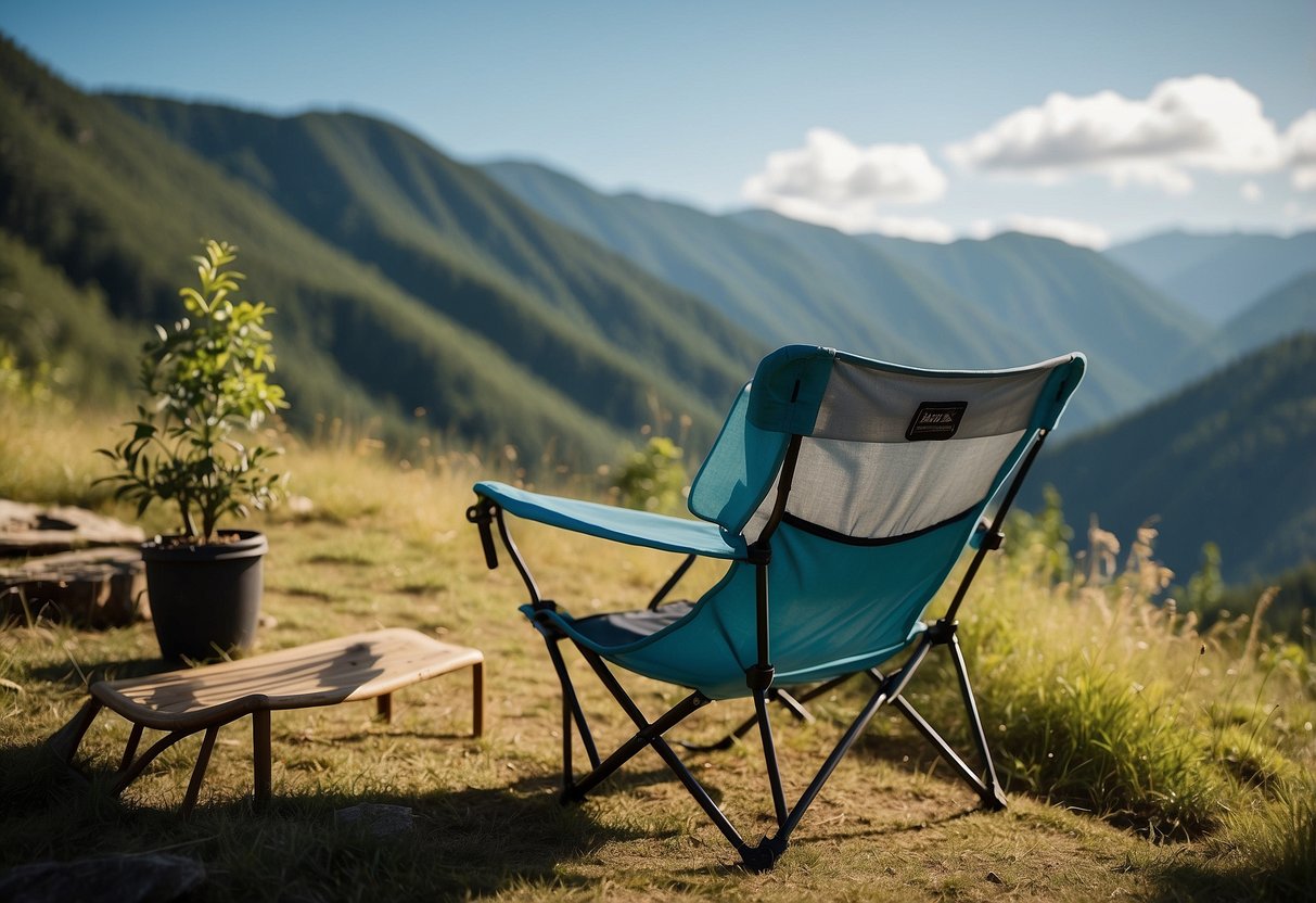 A serene mountain vista with a Helinox Chair Zero set up, surrounded by lush greenery and a clear blue sky