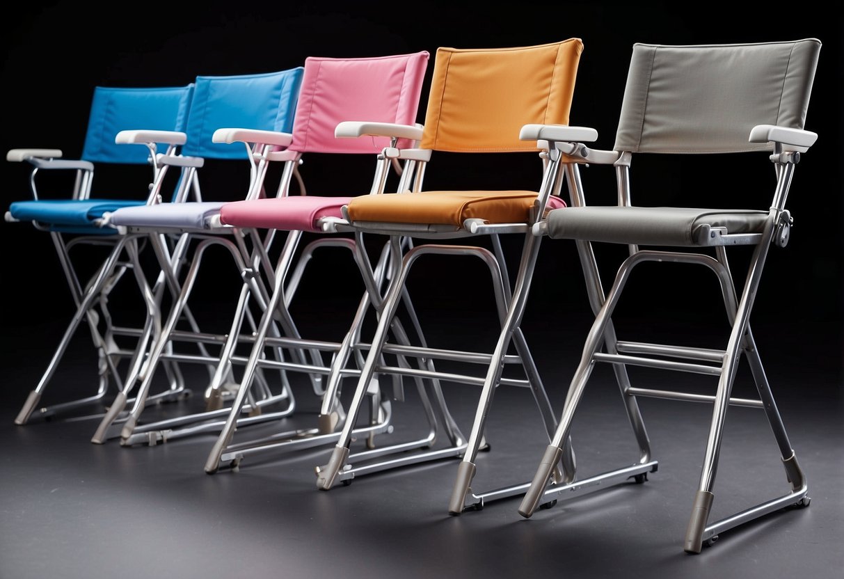 The photography chairs are lightweight, portable, and foldable. They have adjustable height and sturdy construction. The chairs come in various colors and have padded seats for comfort