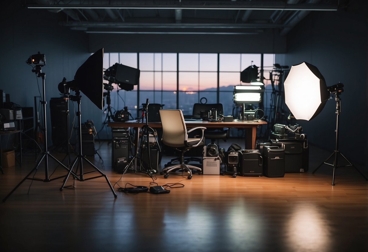 A photographer's chair surrounded by camera equipment and a soft lighting setup in a spacious studio