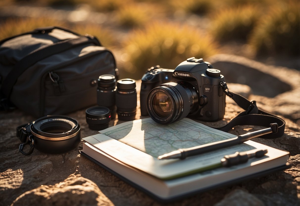 A camera, map, compass, GPS, tripod, lens, flashlight, notebook, pen, and backpack lay on a rocky trail in golden sunlight