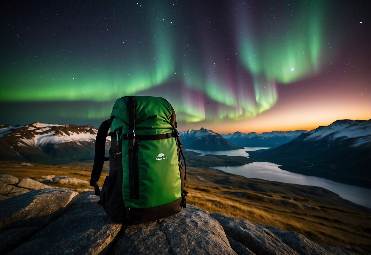 Aurora borealis illuminates a dark sky over a rugged landscape. A photographer's backpack holds essential navigation tools