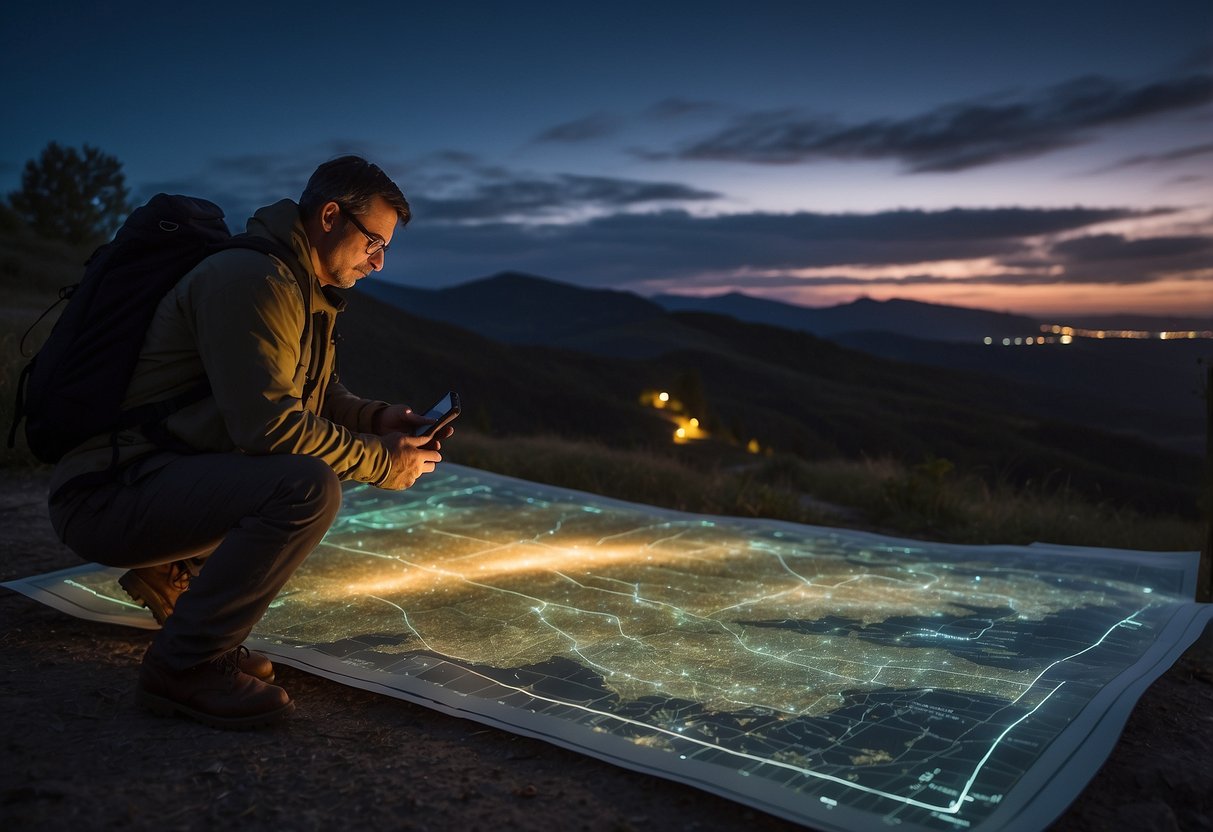 A photographer consults a light pollution map, surrounded by essential navigation tools for a photography trip