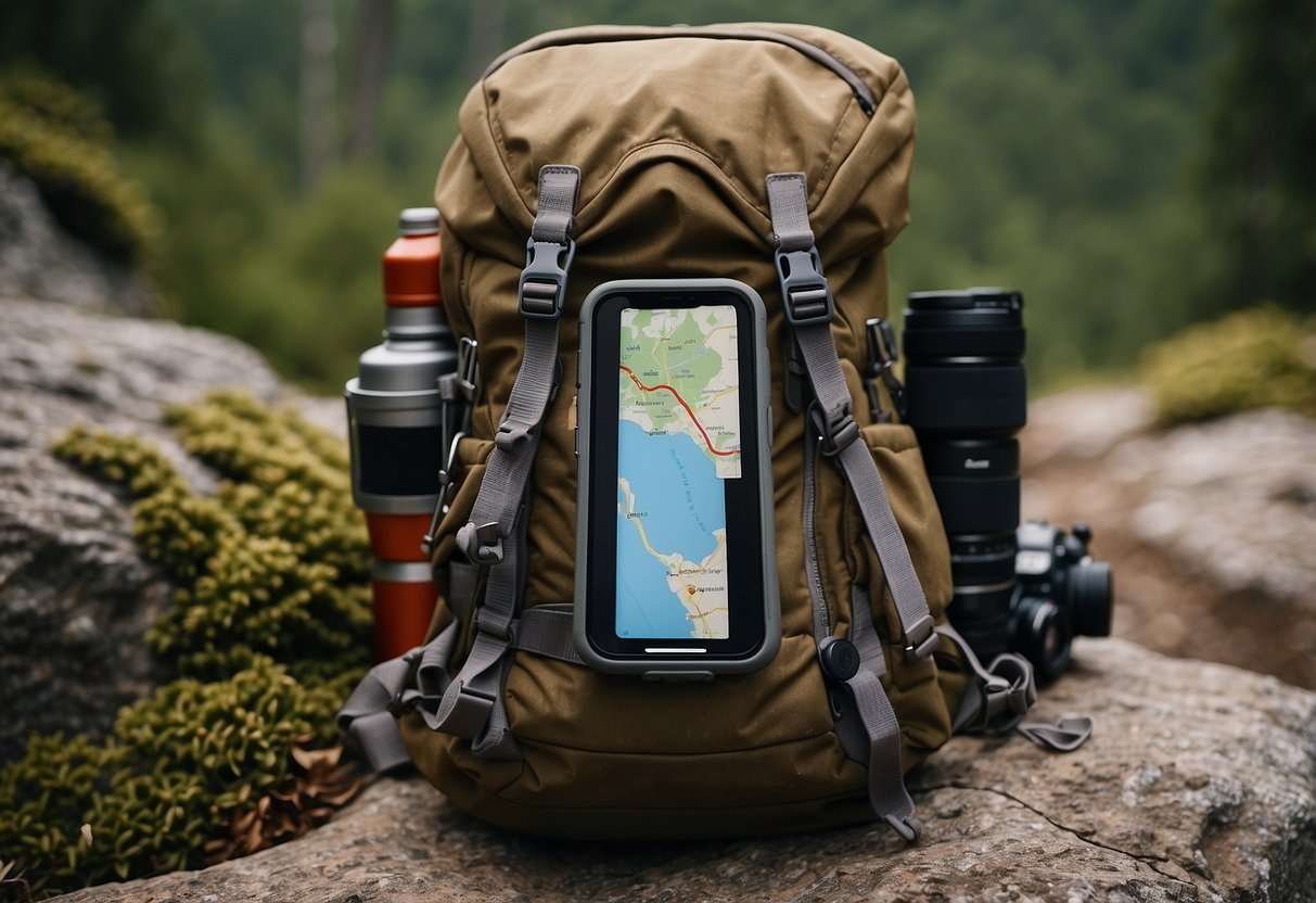 A backpack open on a rocky trail, with a map, compass, GPS, and camera gear spilling out. A smartphone with a navigation app sits on top