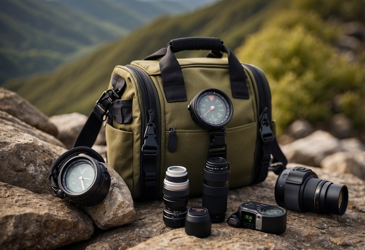 A camera bag open on a rocky terrain, displaying a compass, map, GPS device, flashlight, and other navigation tools