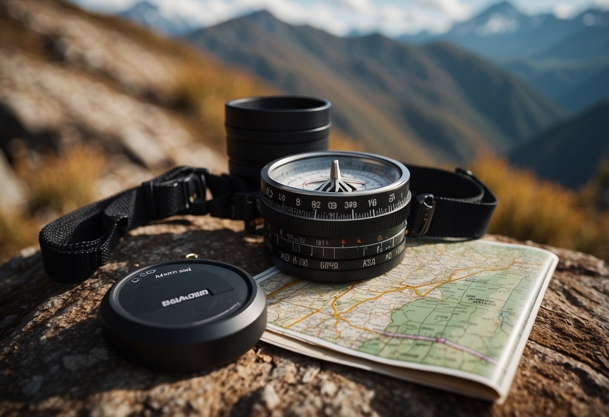 A compass, map, GPS device, and camera gear scattered on a rugged terrain with mountains in the background