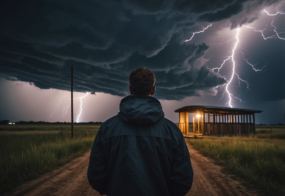 Dark storm clouds loom overhead as lightning strikes in the distance. A photographer stands near a sturdy shelter, camera in hand, ready to capture the intense weather while staying safe