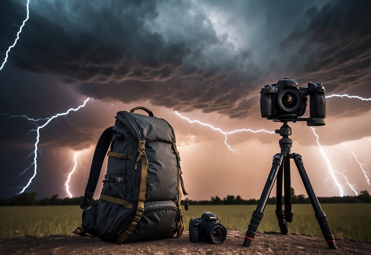 A photographer's backpack open, revealing extra camera batteries. Storm clouds gather in the sky as lightning strikes in the distance. A tripod stands ready for use