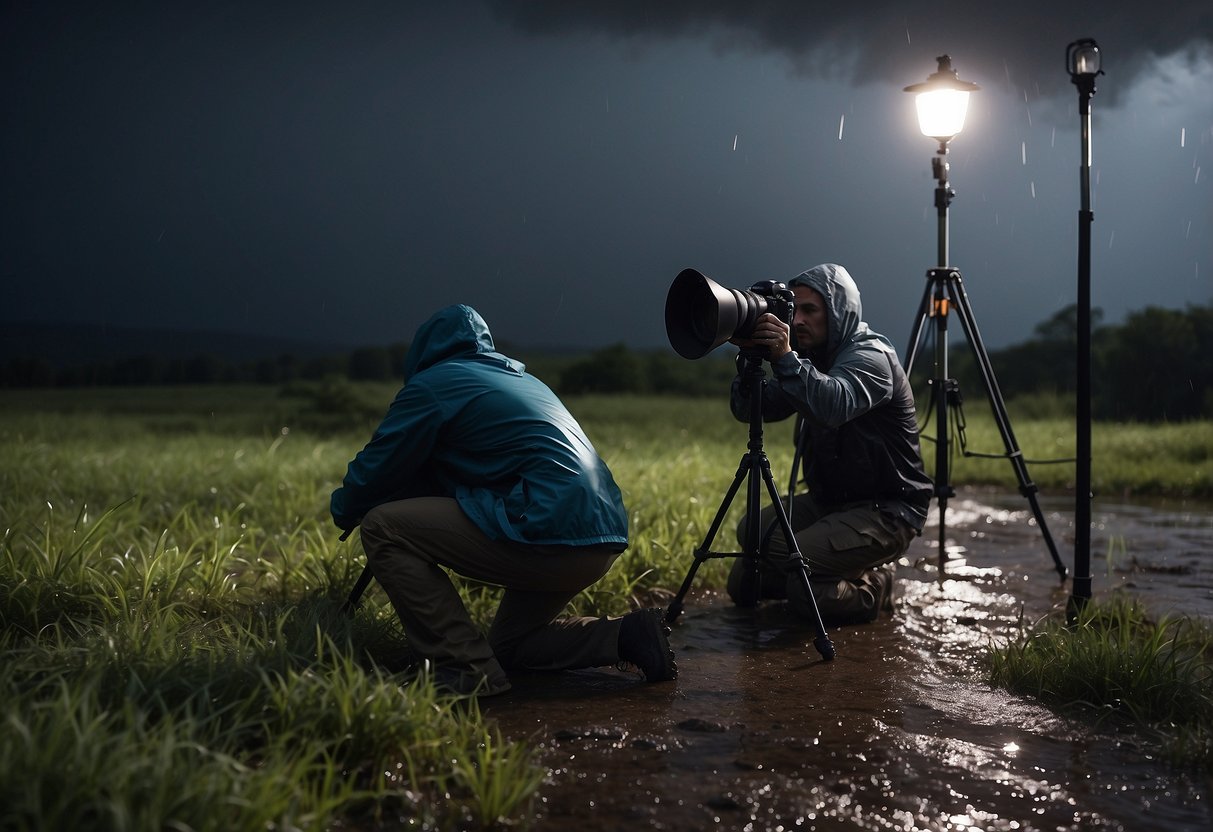 A photographer sets up waterproof gear in a storm, securing equipment and seeking shelter. Lightning flashes as they capture the dramatic scene