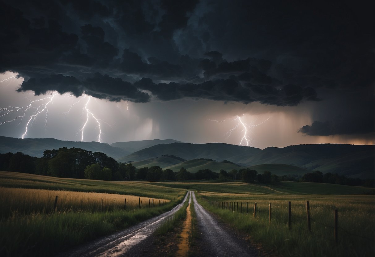 Dark storm clouds loom over a hilly landscape. Lightning strikes in the distance as rain pours down. A photographer's tripod stands on low ground