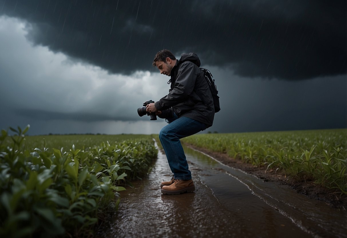 Dark storm clouds loom overhead as rain pours down. A person wears anti-slip shoes while carefully setting up a camera to capture the storm