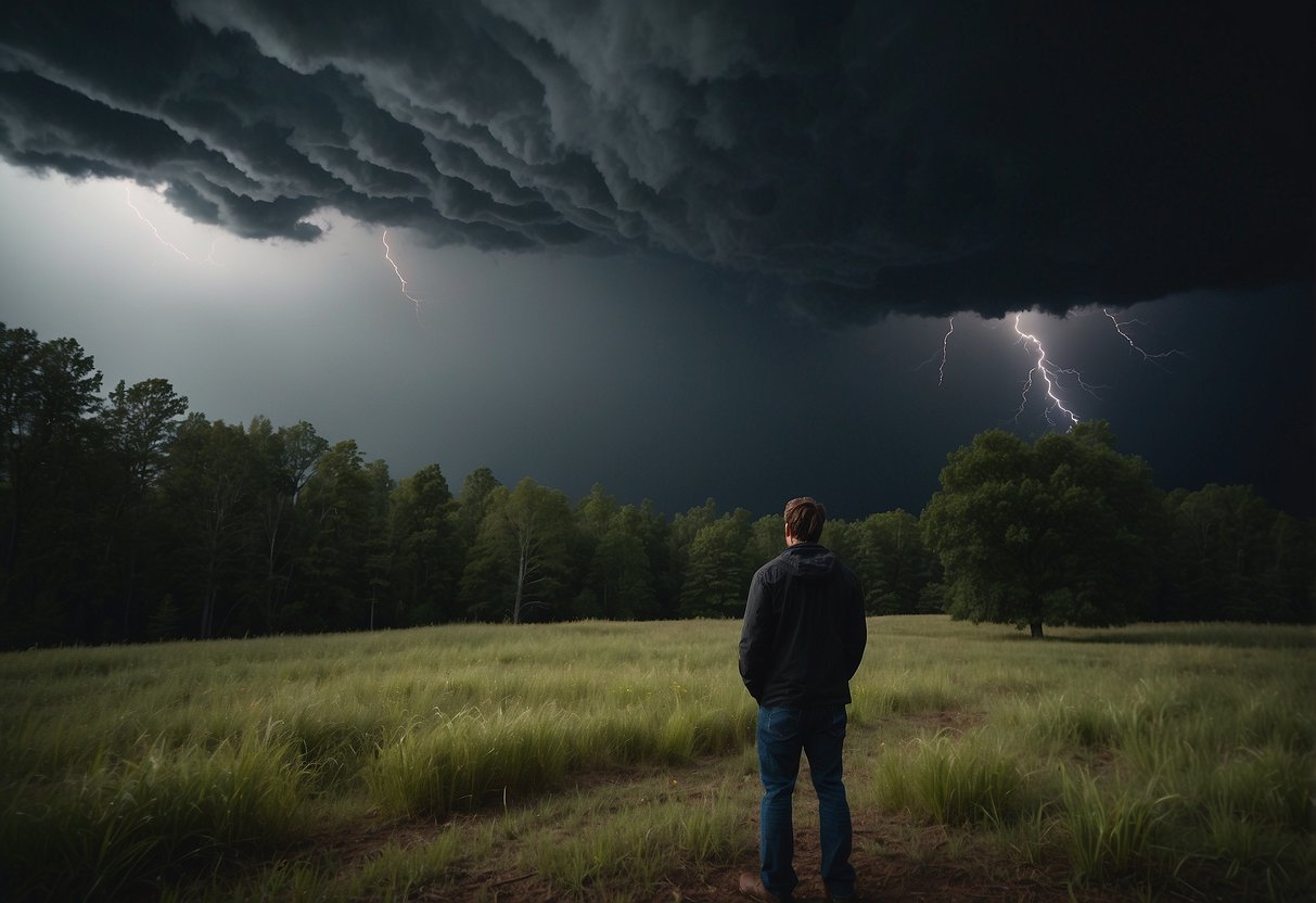 Dark storm clouds loom overhead as a photographer seeks stable shelter. Trees sway in the wind, and rain begins to fall. Lightning flashes in the distance as the photographer looks for a safe place to wait out the storm