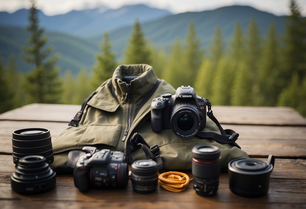 A photographer's jacket hanging on a hook, surrounded by camera gear and outdoor scenery