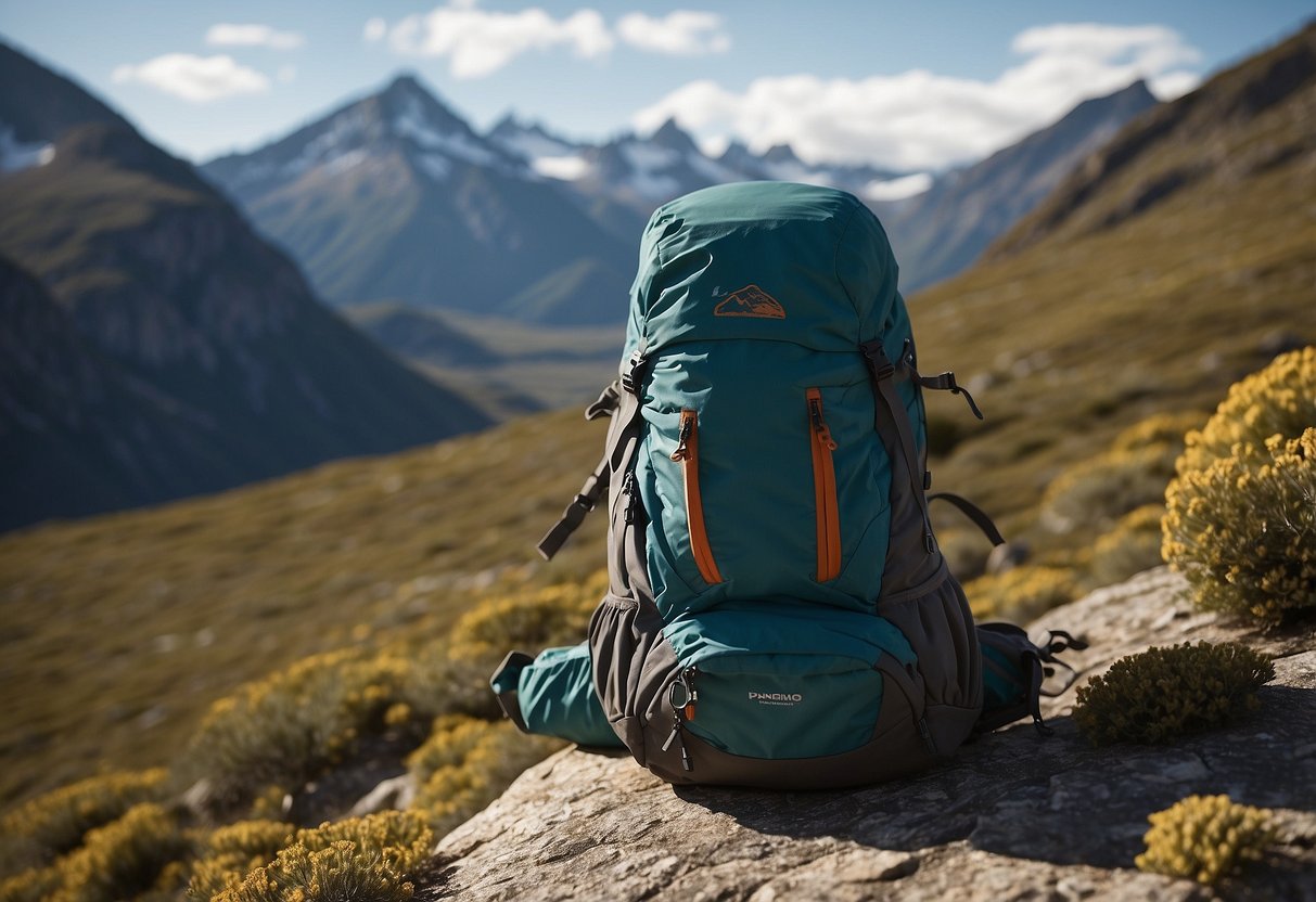 A rugged landscape with mountains and a winding trail. A hiker's backpack lies against a rock, with the Patagonia Houdini Jacket draped over it. The jacket is lightweight and sleek, perfect for outdoor photography