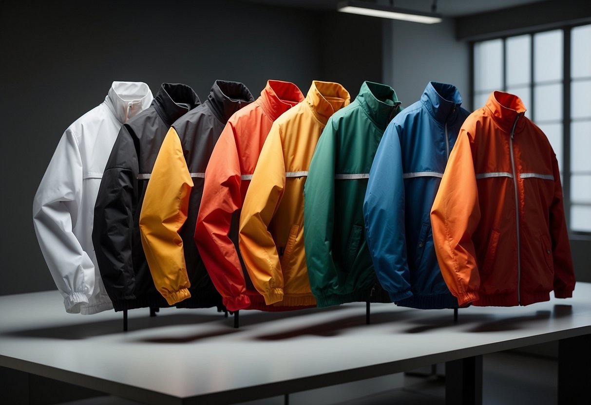 A table with 5 different lightweight photography jackets displayed, each with unique features and designs. The jackets are placed against a neutral background with good lighting