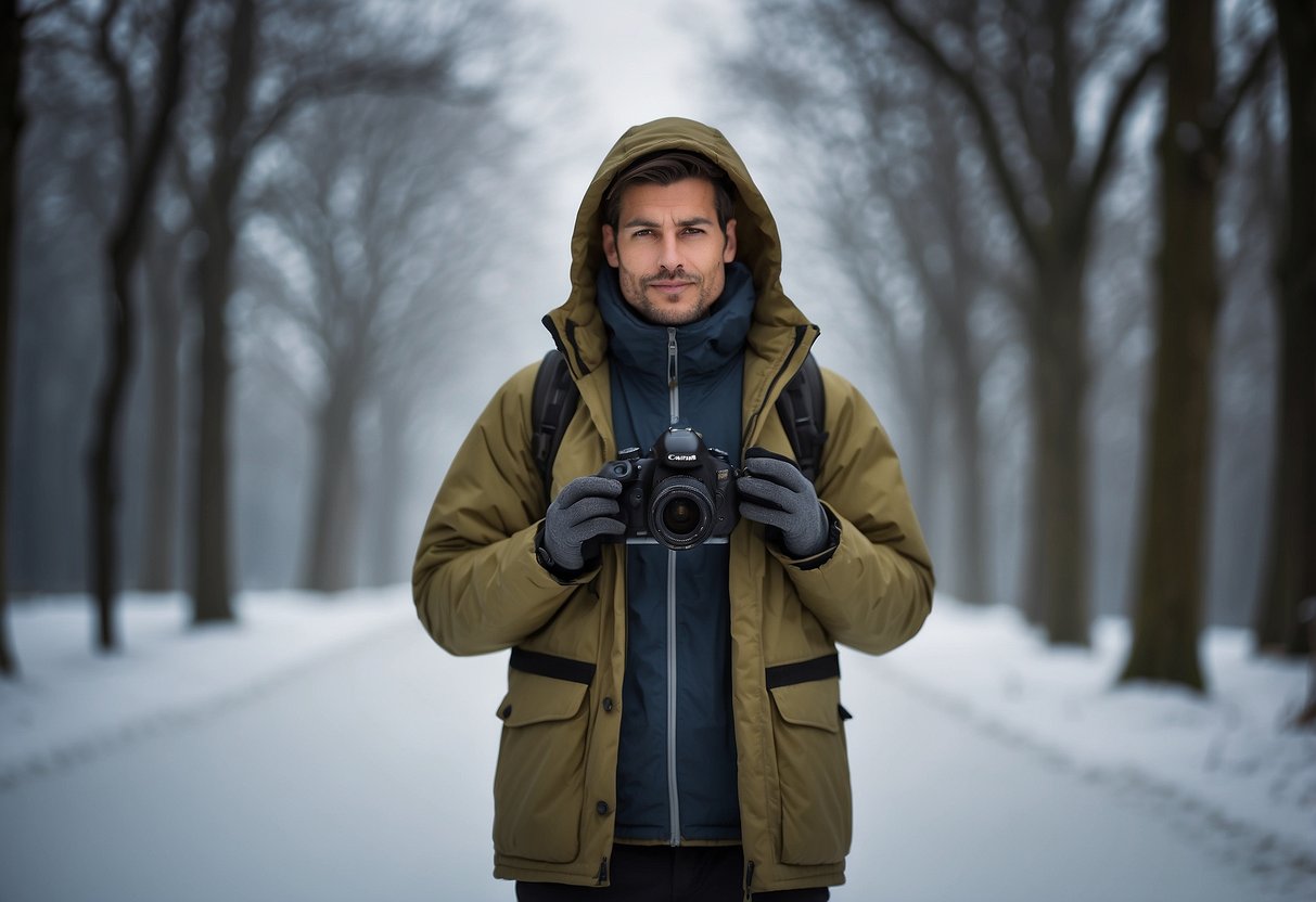 A photographer wearing a lightweight jacket, with multiple pockets, adjustable cuffs, and a hood, while capturing outdoor shots in various weather conditions