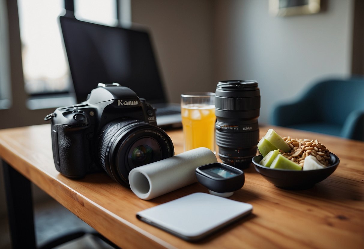 A photographer's gear laid out on a table, surrounded by a glass of water, healthy snacks, a foam roller, and a notebook with recovery tips