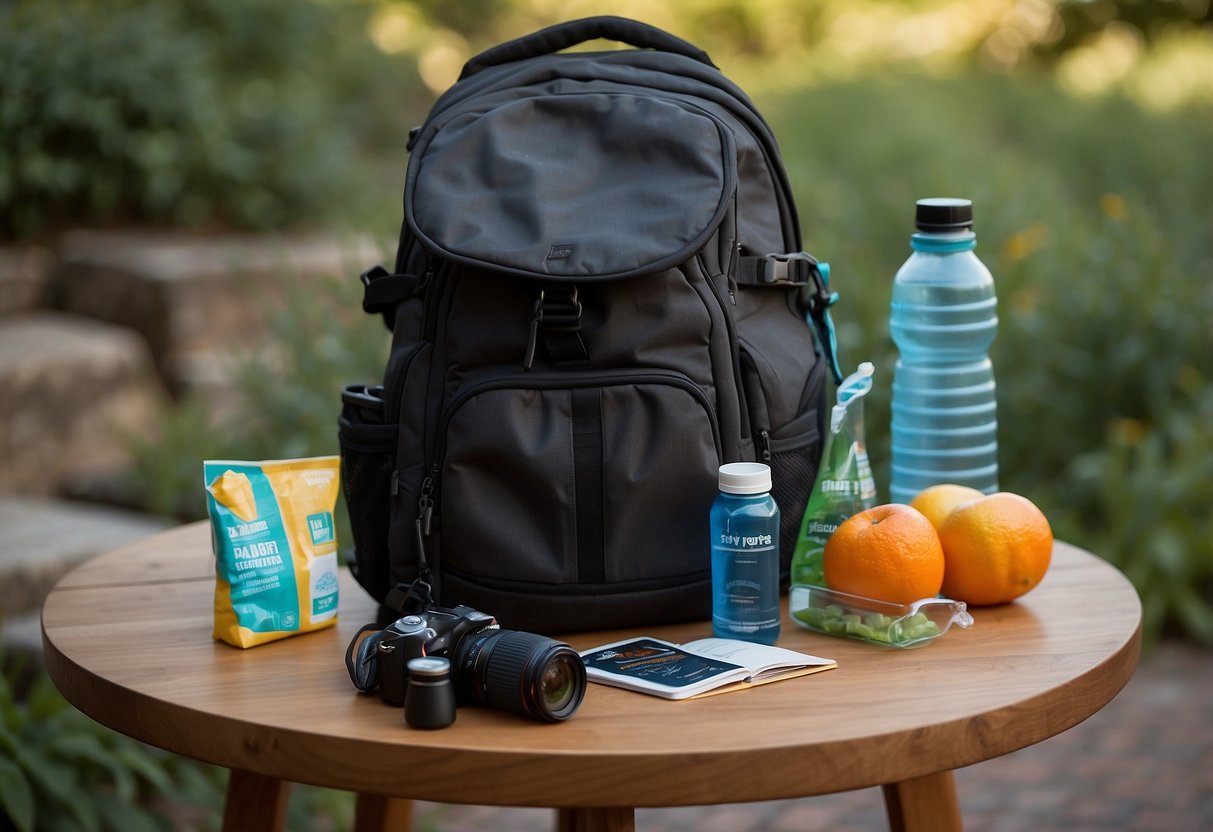 A camera bag with water bottle, electrolyte packets, and healthy snacks on a table. A photographer's hat and sunglasses nearby. A recovery guide book open to "Stay Hydrated 10 Post-Trip Recovery Tips for Photographers."