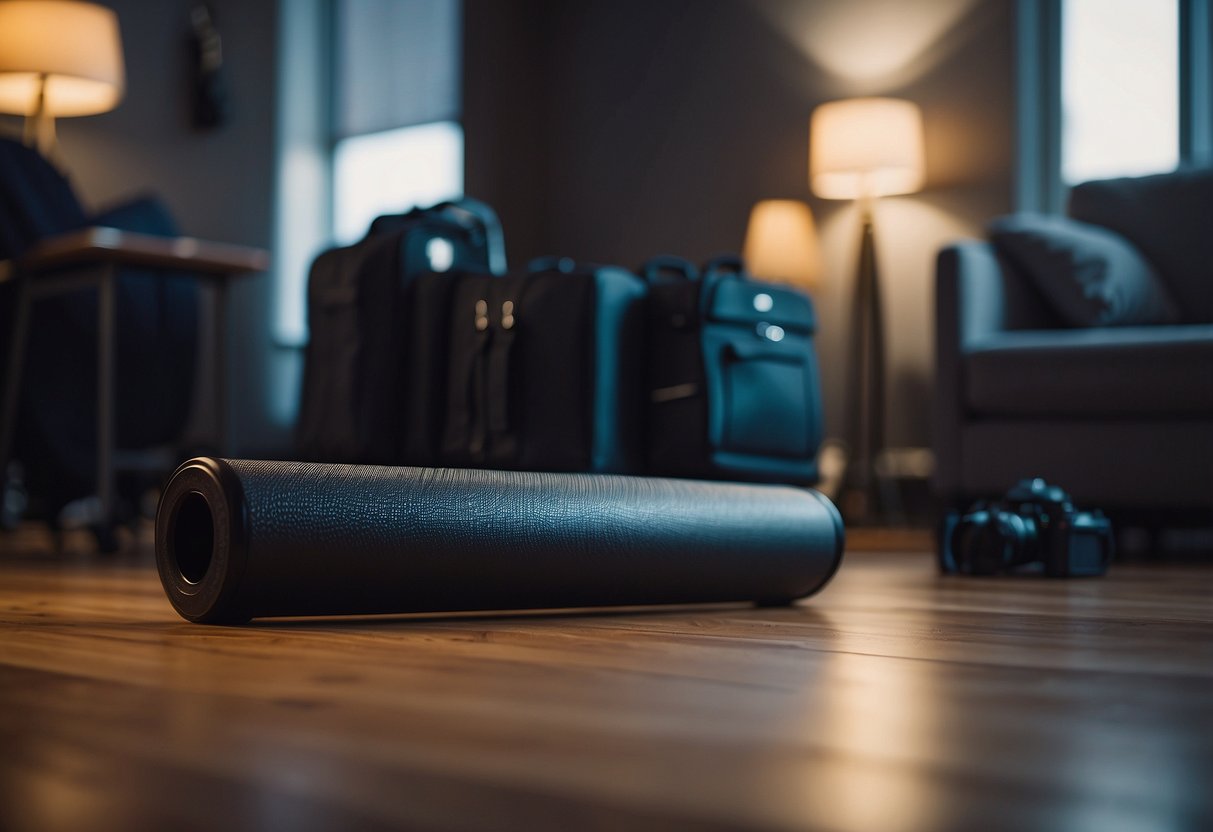 A foam roller lays on the floor next to a camera bag and tripod. The room is dimly lit, with soft music playing in the background, creating a calm and relaxing atmosphere for post-trip recovery