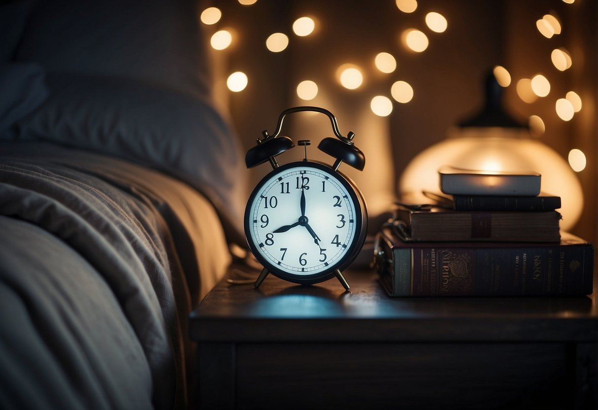 A cozy bed with soft pillows and a warm blanket, surrounded by dim lighting and a calming atmosphere. A clock on the bedside table shows a reasonable bedtime hour