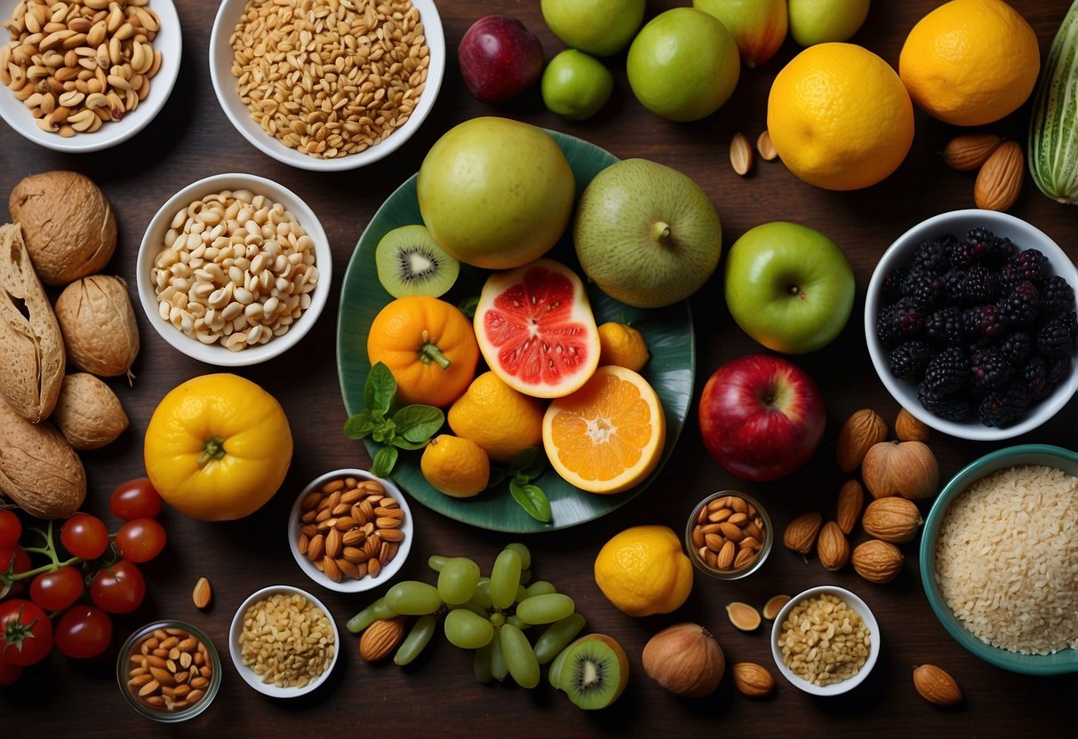 A colorful array of fruits, vegetables, nuts, and whole grains spread out on a table, with a glass of water and a bottle of vitamins nearby