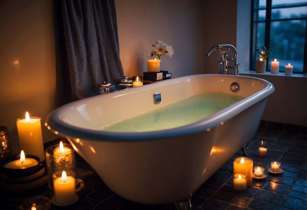 A bathtub filled with warm water, surrounded by candles and a plush towel. A camera and photography equipment placed nearby for post-trip recovery