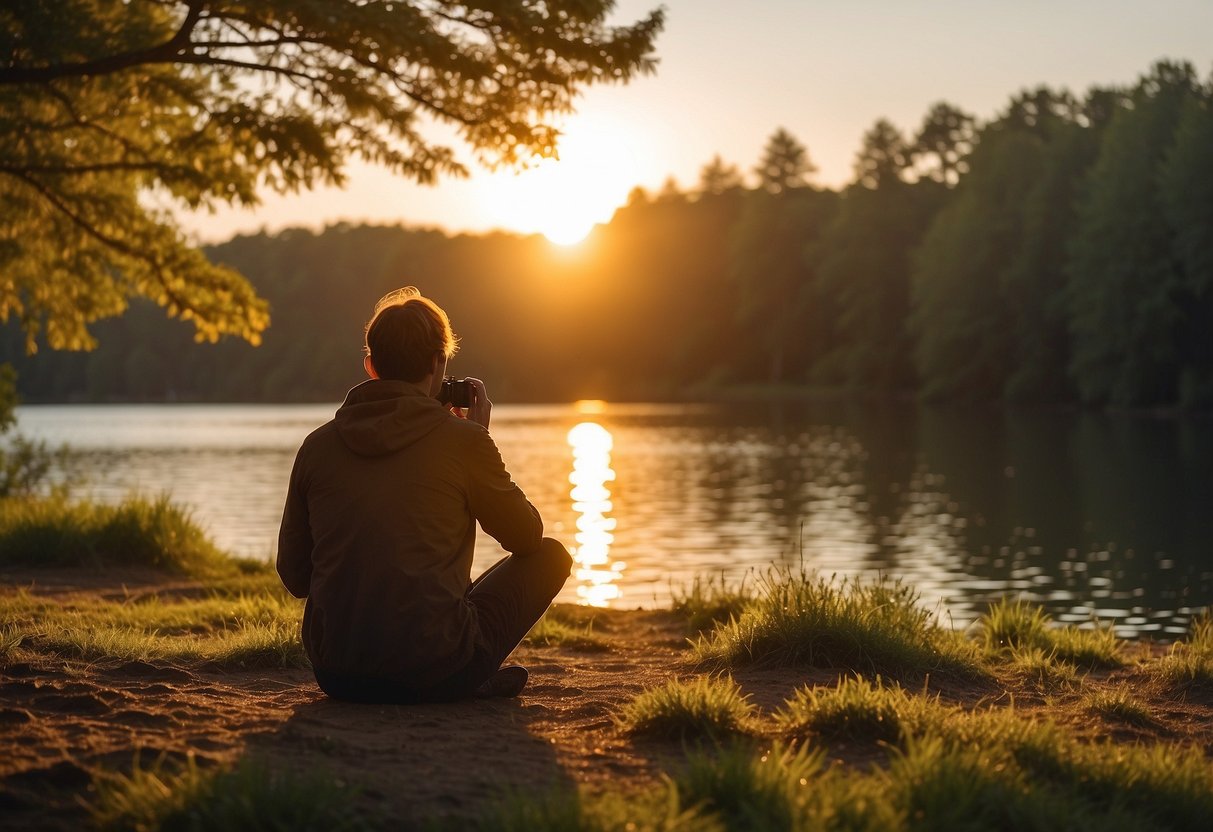 A photographer stretches in a serene outdoor setting, surrounded by trees and a calm body of water. The sun is setting, casting a warm glow over the scene