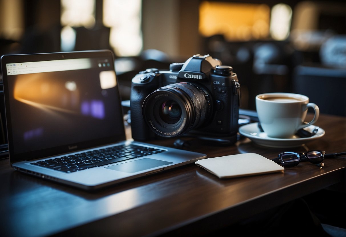 A photographer's desk cluttered with camera gear, a laptop, and a pair of blue light blocking glasses. A cup of coffee sits nearby as the photographer takes a break to recover from a long trip