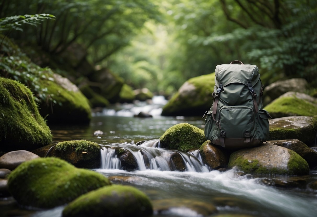 A serene landscape with a photographer's backpack and camera resting on a rock, surrounded by lush greenery and a flowing stream. The scene exudes calm and tranquility, inviting the viewer to practice deep breathing