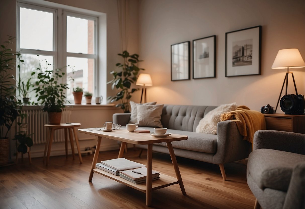 A cozy room with soft lighting, a comfortable chair, and a table with a cup of tea and a notebook. A camera and photography equipment are neatly arranged nearby